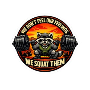 Può includere: Adesivo rotondo con un procione che solleva un bilanciere. Il procione indossa una fascia e una maglietta verde. L'adesivo presenta il testo "WE DON'T FEEL OUR FEELINGS WE SQUAT THEM" in un design circolare con uno sfondo di tramonto.
