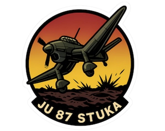 May include: A sticker featuring a stylized illustration of a dark green Ju 87 Stuka dive bomber against a sunset backdrop. The text "JU 87 STUKA" is displayed on a black banner at the bottom of the image.