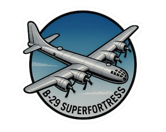 May include: A sticker depicting a silver B-29 Superfortress bomber aircraft with black propellers, set against a blue sky within a circular frame. The text "B-29 SUPERFORTRESS" is displayed in a circular pattern around the aircraft.