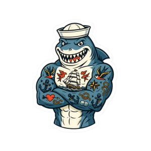 Puede incluir: Ilustración de dibujos animados de un tiburón musculoso con gorro de marinero. El tiburón tiene tatuajes de un barco, anclas, corazones y golondrinas. El tiburón es azul, con sombrero y dientes blancos, y cruza los brazos.