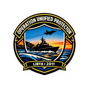 May include: A sticker depicting a navy ship at sea under a sunset sky, with a jet overhead. The sticker includes the text "OPERATION UNIFIED PROTECTOR" and "LIBYA 2011".