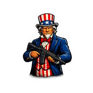 Peut inclure: Un autocollant représentant l'Oncle Sam dans une tenue patriotique, avec un chapeau haut de forme, un nœud papillon et un gilet à rayures. Il tient un fusil noir. Le design utilise les couleurs rouge, blanc et bleu.