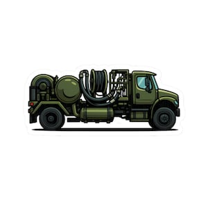 May include: An olive green cartoon-style truck sticker. The truck features a large tank, a hose reel, and various pipes and equipment. The wheels are black, and the cab has a windshield and side window. The overall design is simple and bold.