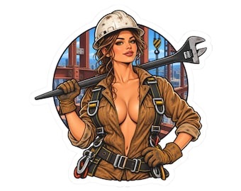 Naklejka Pinup z Ironworkerem, Naklejka z Construction Worker, Prezent dla spawacza, Zabawna naklejka z robotnikiem