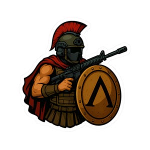 May include: A sticker featuring a stylized illustration of a Spartan warrior. The warrior is in full armour, holding a rifle and a shield with a lambda symbol. The design incorporates shades of brown, red, and black.