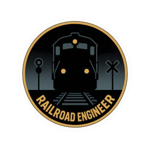 Puede incluir: Pegatina redonda con una silueta de tren negra sobre vías y el texto "RAILROAD ENGINEER" en una fuente curva. El diseño incluye una señal de cruce ferroviario y una señal luminosa, sobre un fondo azul oscuro y dorado.
