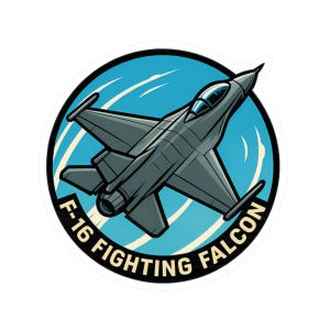 May include: A sticker featuring a stylized illustration of an F-16 Fighting Falcon jet. The jet is gray with blue accents, set against a blue and white circular background. The text "F-16 FIGHTING FALCON" is printed around the circle.