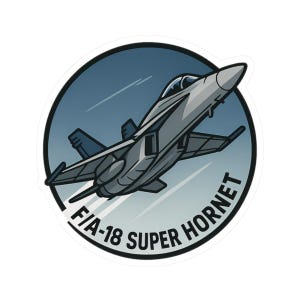 Op de afbeelding: Een sticker met een grijze F/A-18 Super Hornet straaljager in vlucht, tegen een blauwe gradiënt achtergrond in een wit omcirkelde cirkel. De straaljager staat schuin, met zichtbare vleugels en staart. De tekst "F/A-18 SUPER HORNET" is wit gedrukt.