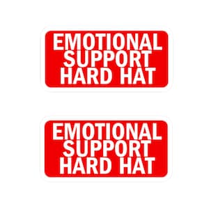 Puede incluir: Dos pegatinas rectangulares rojas con esquinas redondeadas. Cada pegatina tiene el texto blanco "EMOTIONAL SUPPORT HARD HAT" en negrita, con fuente sans-serif. Las pegatinas están diseñadas para un casco.