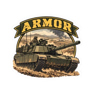 Può includere: Un adesivo raffigurante un carro armato militare verde che guida nel fango con un soldato visibile nel portello. Sopra il carro, uno stendardo verde scuro mostra la parola ARMOR in lettere gialle su uno sfondo circolare.