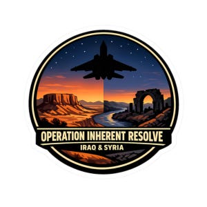 May include: A circular sticker featuring a desert landscape with a jet silhouette against a sunset sky. The text "OPERATION INHERENT RESOLVE IRAQ & SYRIA" is displayed below the landscape.