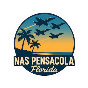 May include: A sticker depicting a coastal scene with palm trees, jets, and the text "NAS Pensacola Florida." The design features a blue sky, orange sunset, and dark blue silhouettes.