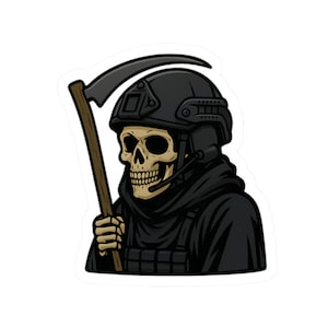 May include: A sticker depicting a skull in a black tactical helmet and uniform, holding a scythe. The skull is beige, and the scythe has a brown handle and a black blade. The design has a military theme.