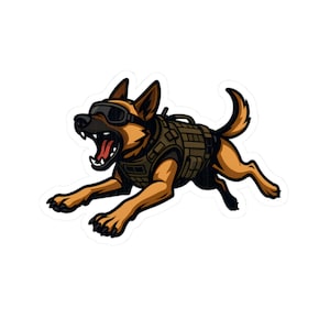 May include: A sticker featuring a cartoon illustration of a German Shepherd dog in a running pose. The dog is wearing tactical gear, including a vest and goggles. The dog is brown and black with its mouth open.