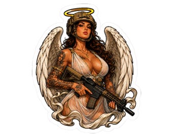 Naklejka z taktycznym aniołem, naklejka z żołnierzem pin-up, prezent dla posiadacza broni, taktyczny humor weterana, naklejka na schowek na laptopa