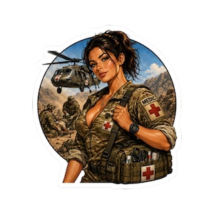 May include: A circular sticker featuring a medic in camouflage uniform with a medical bag, a red cross patch, and the text MEDIC. In the background, a military helicopter hovers over a desert landscape where soldiers attend to a wounded person.
