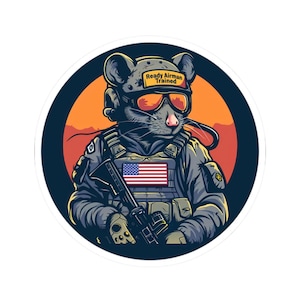 May include: A circular sticker showing a cartoon rat in military attire, including a helmet with the text "Ready Airman Trained" and orange goggles. The rat is holding a rifle and has an American flag patch. The background depicts a sunset.