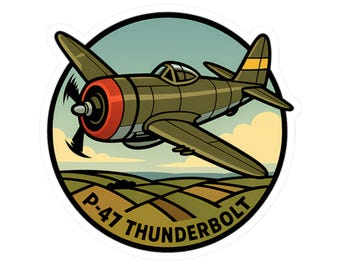 May include: A sticker featuring a cartoon illustration of a P-47 Thunderbolt fighter plane. The plane is olive green with a red nose and yellow accents, set against a backdrop of a blue sky and rolling hills. The text "P-47 THUNDERBOLT" is curved along the bottom.