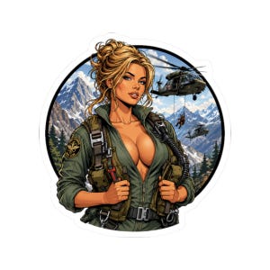 May include: A circular sticker featuring a blonde individual in a green flight suit and tactical vest. The background shows snow-capped mountains, pine trees, and two military helicopters, one with a person rappelling down. A patch reads That Others May Live.