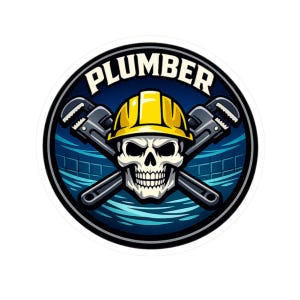 May include: A circular sticker featuring a skull wearing a yellow hard hat, with crossed pipe wrenches behind it. The word "PLUMBER" is arched above the skull in white letters. The background is blue with a grid pattern.