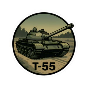 May include: A sticker featuring a green cartoon tank with a long barrel, set against a backdrop of a field and trees. The text "T-55" is displayed in bold, black letters at the bottom of the image, within a circular frame.