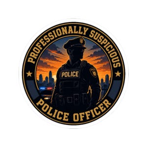 May include: A circular sticker featuring a silhouette of a police officer in uniform against a sunset city skyline. The text PROFESSIONALLY SUSPICIOUS and POLICE OFFICER is printed in gold lettering along the black border with two gold stars.