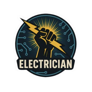 May include: A sticker featuring a black fist holding a yellow lightning bolt, set against a blue and gold circular background with circuit board details. The word "ELECTRICIAN" is displayed in white.