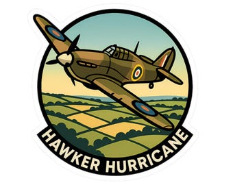 May include: A sticker featuring a cartoon illustration of a Hawker Hurricane fighter plane in flight. The plane is olive green with blue and orange accents, set against a backdrop of rolling green hills and a blue sky. The words "Hawker Hurricane" are printed in white.