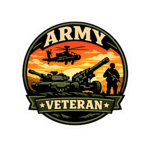 Könnte beinhalten: Ein Aufkleber mit militärischem Thema. Das Bild zeigt einen Panzer, Artillerie, einen Hubschrauber und eine Soldaten-Silhouette vor einem Sonnenuntergang. Die Wörter "ARMY" und "VETERAN" sind prominent dargestellt.