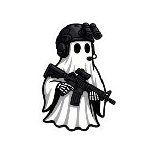 May include: A white ghost character wearing a black tactical helmet with night vision goggles and a headset. The ghost is holding a black rifle with a scope. The illustration has a sticker-like appearance.