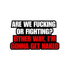 May include: A white sticker with black text that reads "ARE WE FUCKING OR FIGHTING?" in a bold font. Below, in a red box, it says "EITHER WAY, I'M GONNA GET NAKED."