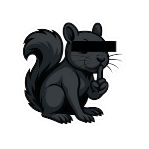 May include: A sticker featuring a stylized black squirrel with a black rectangle over its eyes, gesturing for silence with a finger to its lips. The squirrel is sitting upright with its tail curled.