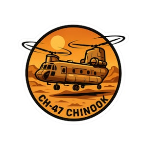 Peut inclure: Un autocollant avec une illustration de dessin animé d'un hélicoptère CH-47 Chinook en vol. L'hélicoptère est marron avec des détails noirs, sur un paysage désertique orange avec un soleil et le texte "CH-47 CHINOOK" en blanc.
