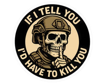 Może przedstawiać: Okrągła naklejka z czaszką w hełmie wojskowym, z palcem na ustach. Tekst wokół obrazu brzmi: "IF I TELL YOU I'D HAVE TO KILL YOU". Projekt jest w odcieniach beżu, czerni i bieli.