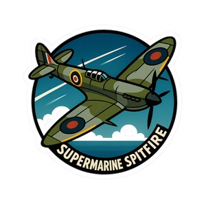 May include: A sticker depicting a Supermarine Spitfire aircraft. The plane is olive green with red and yellow details, set against a blue sky and sea. The words "Supermarine Spitfire" are written in white, within a circular border.