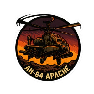 May include: A sticker featuring a stylized illustration of an AH-64 Apache helicopter. The design is set against a sunset backdrop with a circular border. The text "AH-64 APACHE" is prominently displayed.