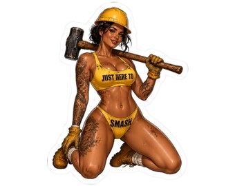 Naklejka z dziewczyną pin-up, naklejka z humorem budowlanym, prezent dla rzemieślnika z motywem młotka, dekoracja biura dla robotników fizycznych, zabawna naklejka z pracą