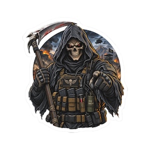 May include: A sticker featuring a grim reaper figure wearing a black hooded cloak and tactical military gear, including a vest with pouches and a smoke grenade. The figure holds a scythe and points forward against a background of a war zone.