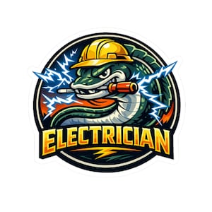 Puede incluir: Una pegatina con una serpiente de dibujos animados que lleva un casco amarillo y sostiene un destornillador. La serpiente está rodeada de rayos azules, con la palabra "ELECTRICIAN" en texto amarillo y naranja debajo.