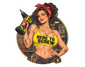 Naklejka pin-up z mechanikiem, zabawna naklejka „Tu się wkręcam”, prezent dla robotnika na skrzynkę narzędziową, humorystyczna naklejka na skrzynkę narzędziową rzemieślnika