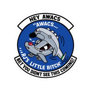 May include: A sticker featuring a cartoon illustration of two gray aircraft in a playful, aggressive pose. The design is set against a blue background with text that reads "HEY AWACS", "AWACS...", "RJ'S LITTLE BITCH", and "BET YOU DIDN'T SEE THIS COMING!"