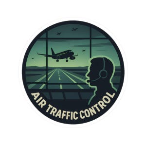 以下が含まれることがあります： 航空管制をテーマにした丸いステッカー。ヘッドセットをつけた航空管制官のシルエットと、滑走路に着陸する飛行機の様子が描かれています。「AIR TRAFFIC CONTROL」の文字が白で印刷されています。