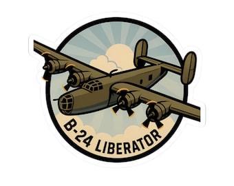 Könnte beinhalten: Ein Aufkleber mit einer stilisierten Illustration eines B-24 Liberator Bombers. Das Flugzeug ist olivgrün mit schwarzen Akzenten, vor einem hellblauen Himmel mit weißen Wolken. Der Text "B-24 LIBERATOR" ist schwarz.