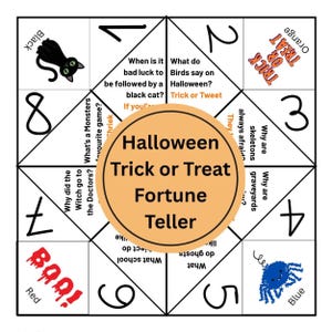 May include: A paper fortune teller game featuring Halloween themes with black, orange, red, and blue graphics. The center circle reads Halloween Trick or Treat Fortune Teller. It includes numbers one through eight, jokes, and illustrations of a cat, spider, and text.