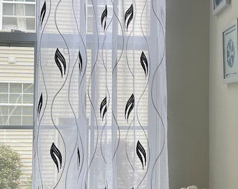 Luxury embroidered custom  two tone sheer curtains, black embroider on white with removable grommet (2 panels)