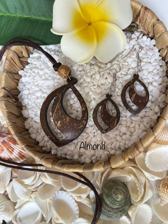Coconut Shell Necklace Earrings Set Handmade Beach Island