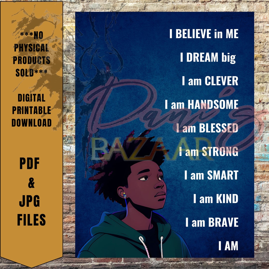 Black Boy Joy Wall Art Affirmation in the Color Blue Wall Art, Digital
