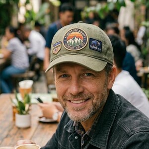 Puede incluir: Gorra de b&eacute;isbol verde oliva con varios parches. Los parches incluyen texto como "Adventure Awaits Colorado" y "Delgany Wild". La gorra la lleva una persona sonriendo a la c&aacute;mara.