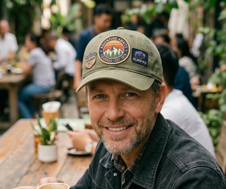 Puede incluir: Gorra de b&eacute;isbol verde oliva con varios parches. Los parches incluyen texto como "Adventure Awaits Colorado" y "Delgany Wild". La gorra la lleva una persona sonriendo a la c&aacute;mara.