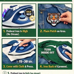 Puede incluir: Imagen instructiva que detalla c&oacute;mo aplicar un parche termoadhesivo. Los pasos incluyen precalentar la plancha, colocar el parche, cubrir con tela, presionar durante 15-30 segundos y planchar la parte posterior de la prenda. Se muestra una plancha azul.